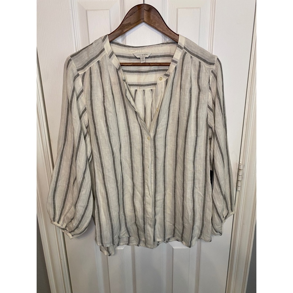Lucky Brand Womens Medium Striped Linen Blend Button Down Bishop Sleeve Top New